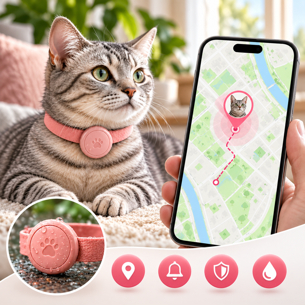 Collier GPS pour chat avec suivi de localisation en temps réel, alertes et boîtier résistant à l’eau-accessoires-Rose-Android-Oslo France