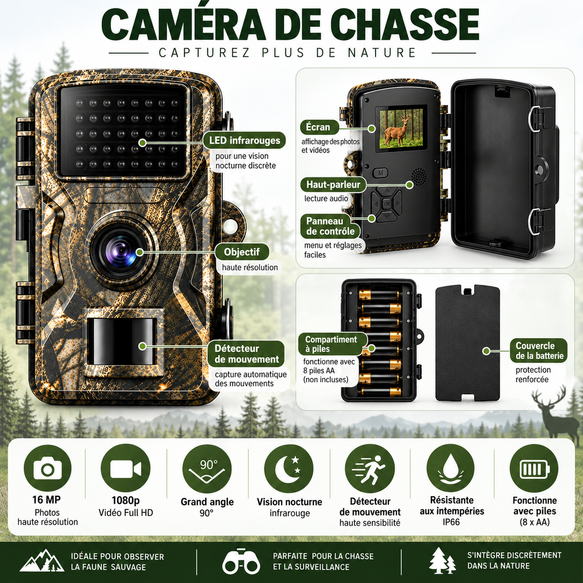 Caméra de chasse pour animaux avec Vision Nocturne | Résistante aux Intempéries