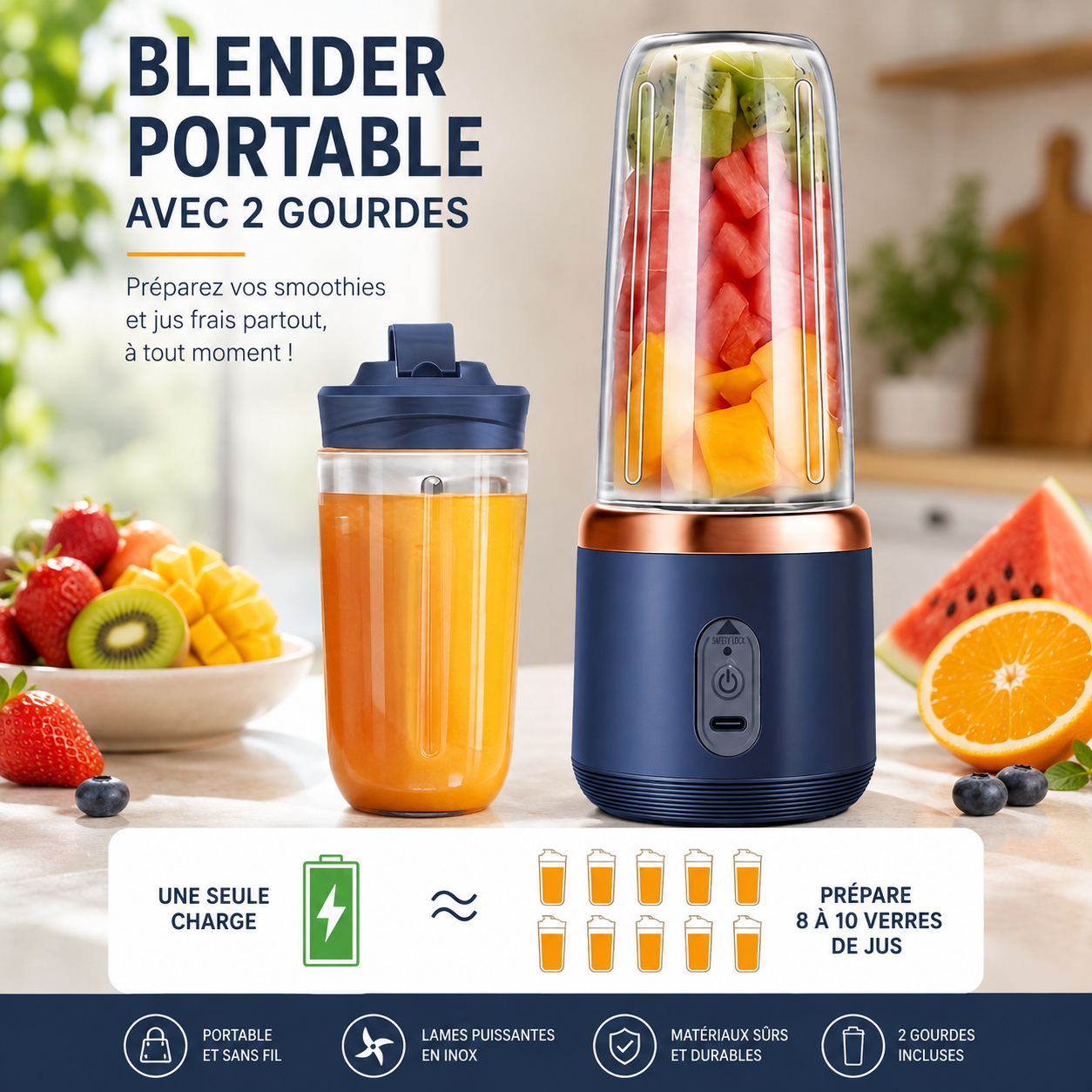 Blender Portable Rechargeable Sans Fil – Mixeur Smoothie avec Gourde-cuisine-Oslo France