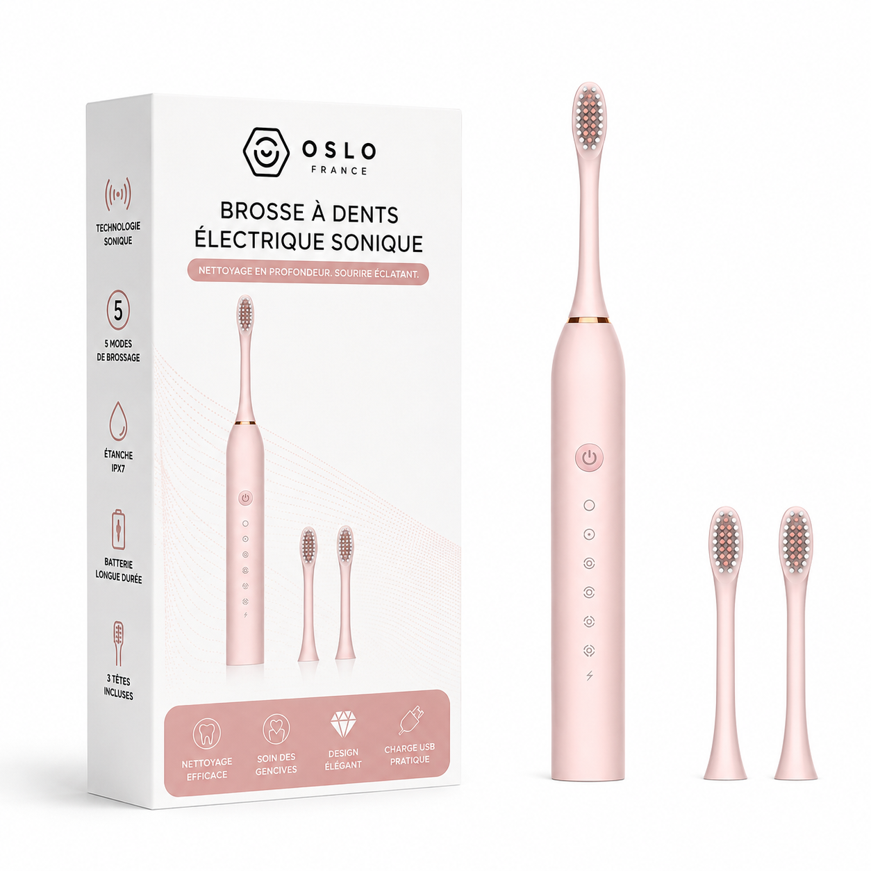 Brosse à Dents Électrique – 5 Modes de Brossage, Recharge USB-accessoires-Rose-Oslo France