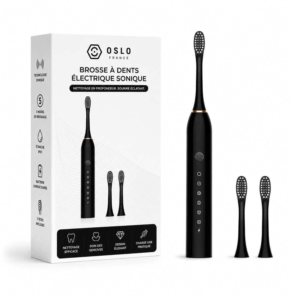 Brosse à Dents Électrique – 5 Modes de Brossage, Recharge USB-accessoires-Noir-Oslo France