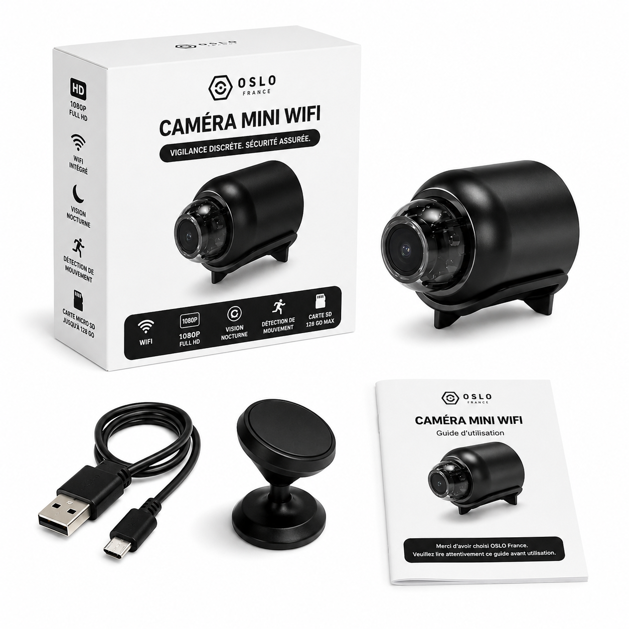 Caméra de Surveillance WiFi Sans Fil Oslo – Mini Caméra Espion avec Vision à Distance sur Smartphone, Objectif Grand Angle, Boîtier Noir 0