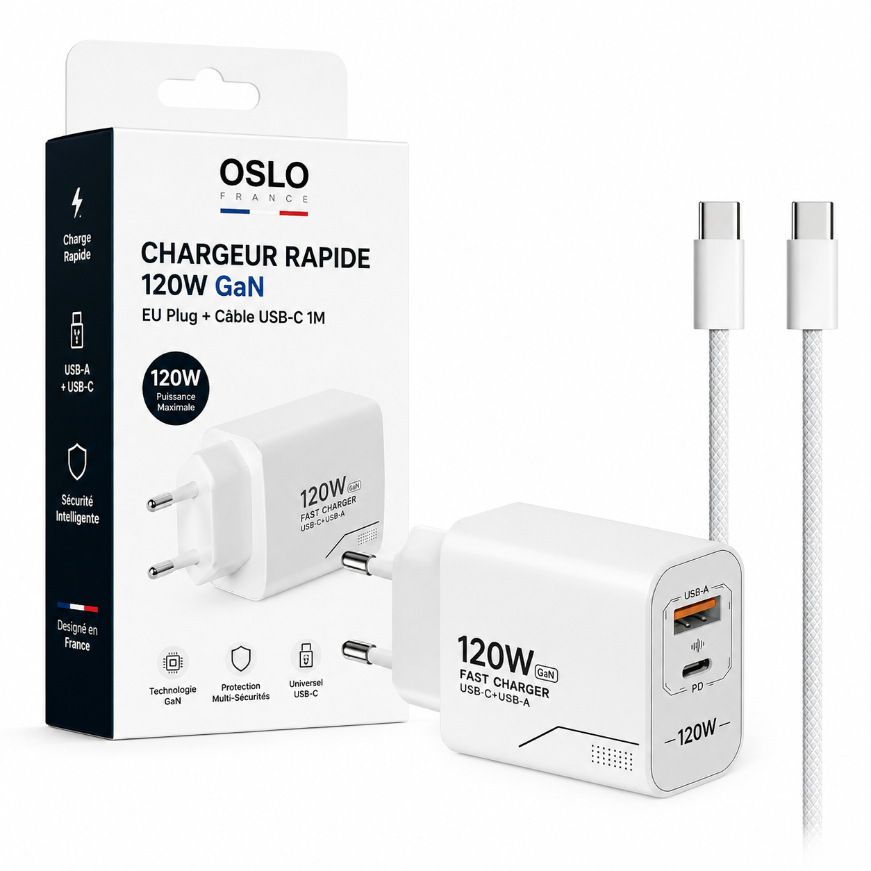 Chargeur Rapide USB 120W – Cable USB 1m Inclus-accessoires-Oslo France