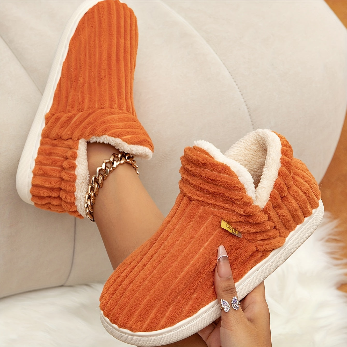 Chaussons Femme Fourrés Doux – Pantoufles en Velours – Semelle Confortable-vêtement-Orange-36-Oslo France