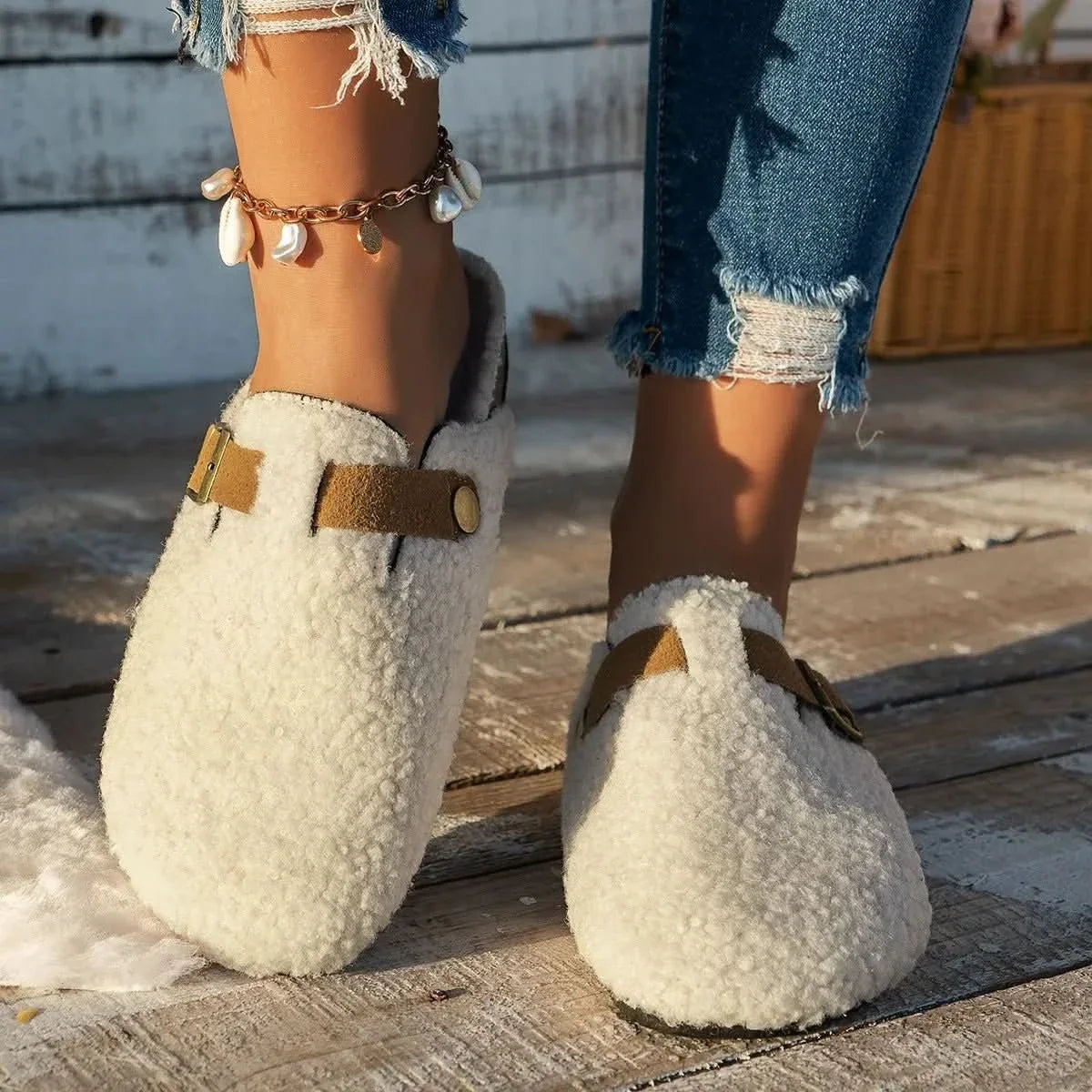 Chaussures femme fourrées avec bride réglable, chaussures confortables et chaudes pour intérieur et extérieur-vêtement-Oslo France