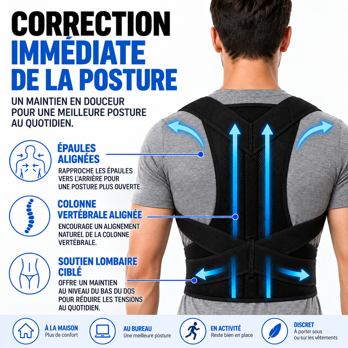 Correcteur de posture dos réglable – Gilet de maintien dorsal avec soutien lombaire – Noir-Accessories-Oslo France