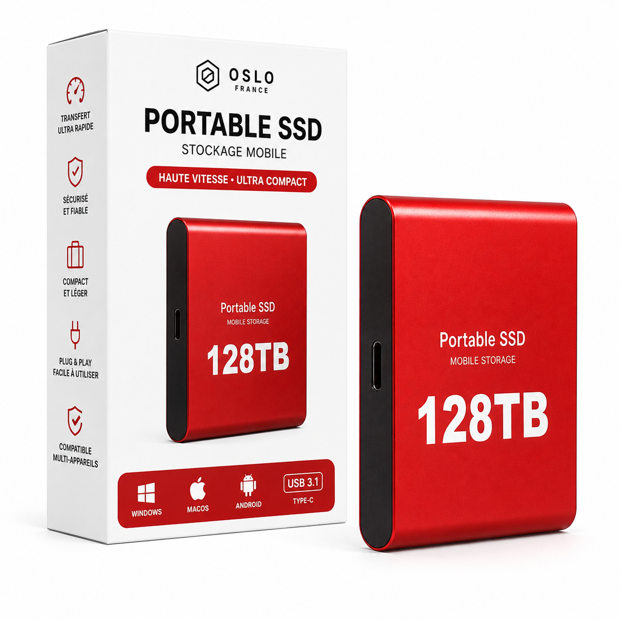 Disque Dur SSD Portable 128 To USB – Disque Dur Externe Haute Vitesse-accessoires-Rouge-Oslo France