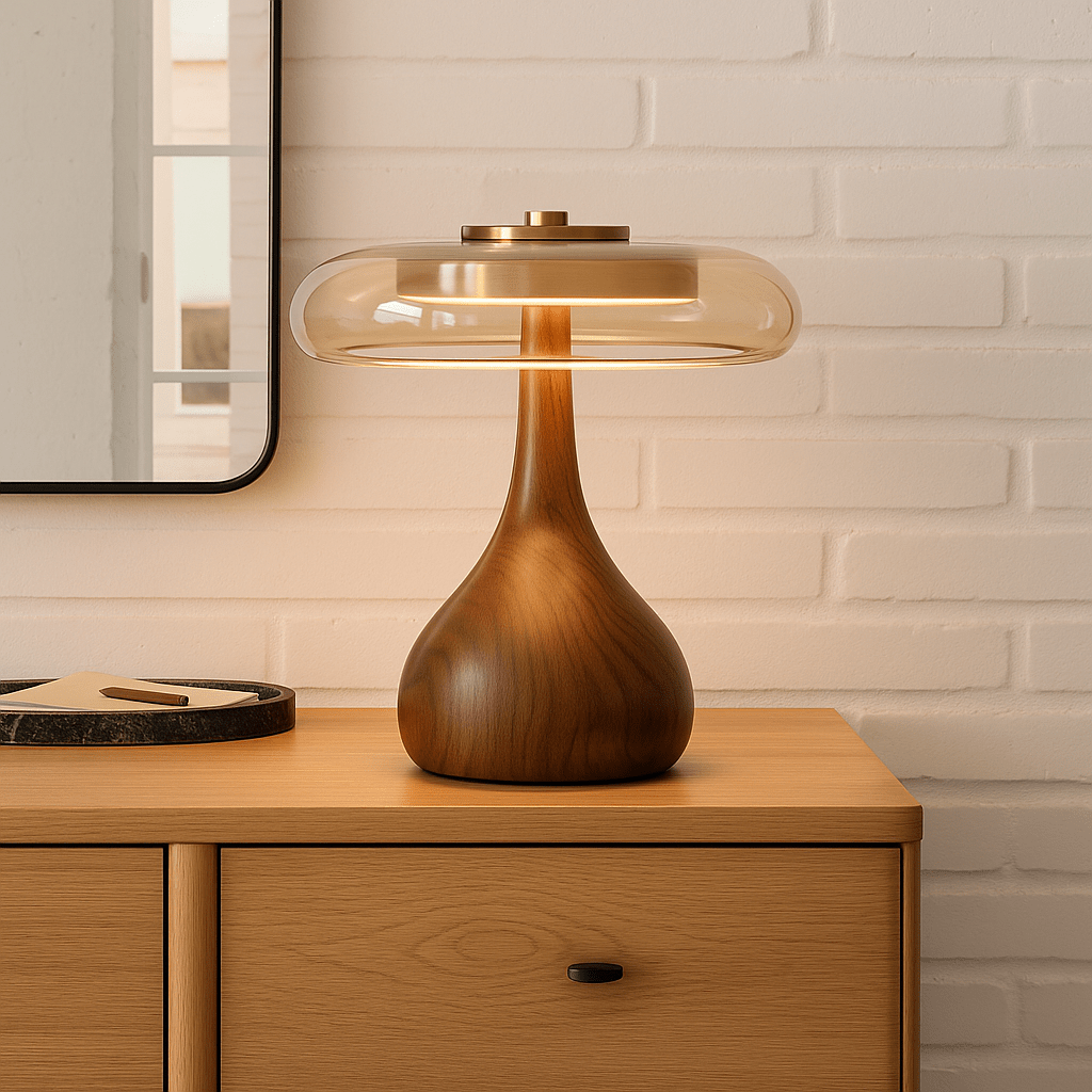 Lampe de Table Design Bois et Verre – Lampe de Chevet Champignon Style Scandinave, Bois Massif-lumière-Petit-Oslo France