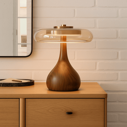 Lampe de Table Design Bois et Verre – Lampe de Chevet Champignon Style Scandinave, Bois Massif-lumière-Petit-Oslo France