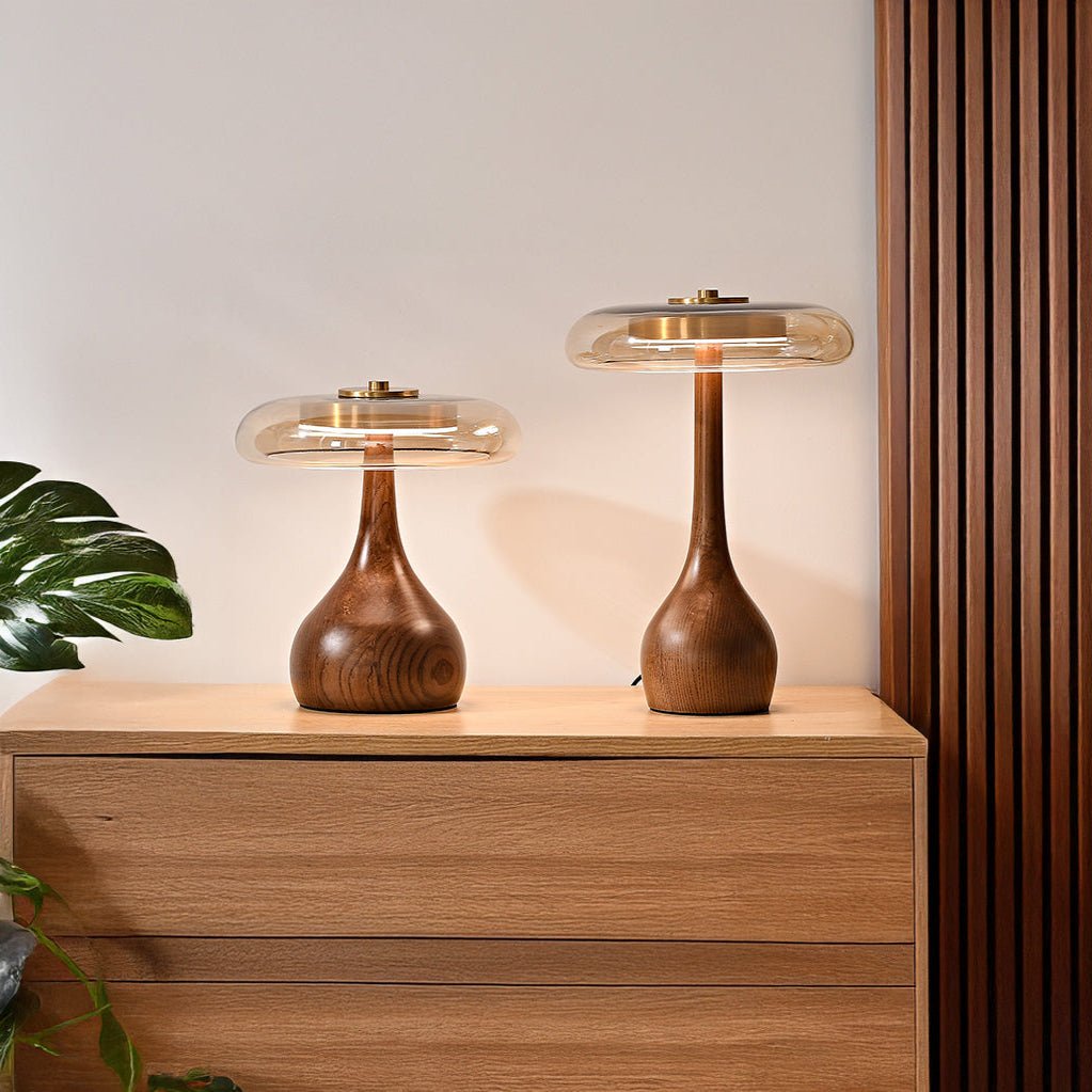 Lampe de Table Design Bois et Verre – Lampe de Chevet Champignon Style Scandinave, Bois Massif-lumière-Oslo France