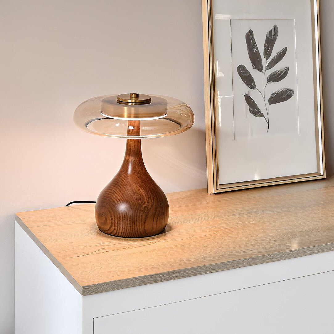 Lampe de Table Design Bois et Verre – Lampe de Chevet Champignon Style Scandinave, Bois Massif-lumière-Oslo France