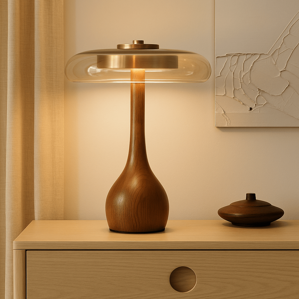 Lampe de Table Design Bois et Verre – Lampe de Chevet Champignon Style Scandinave, Bois Massif-lumière-Grand-Oslo France