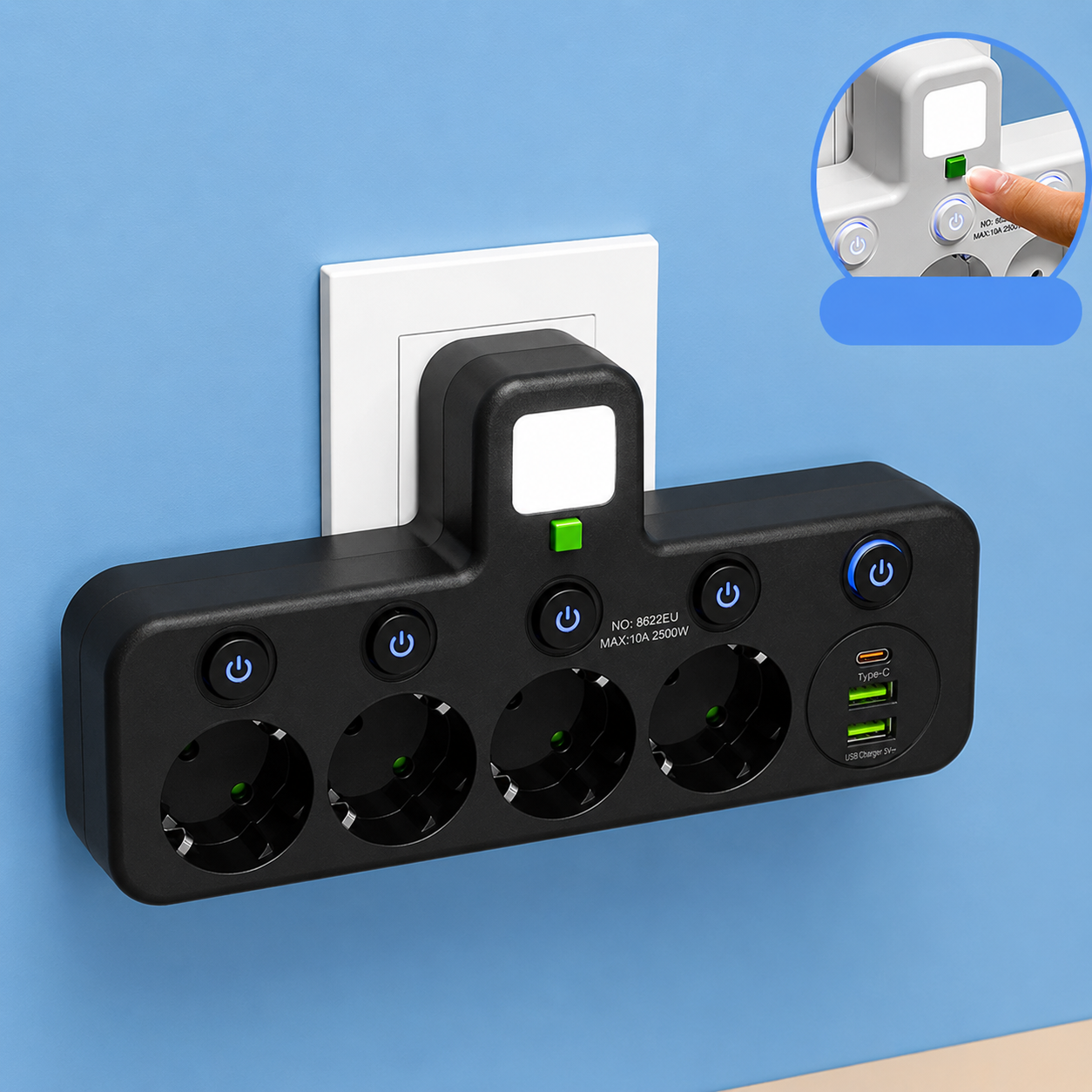 Multiprise Murale 4 Prises avec Interrupteurs Individuels – Prise USB-A et USB-C-USB-Oslo France-Noir-Oslo France