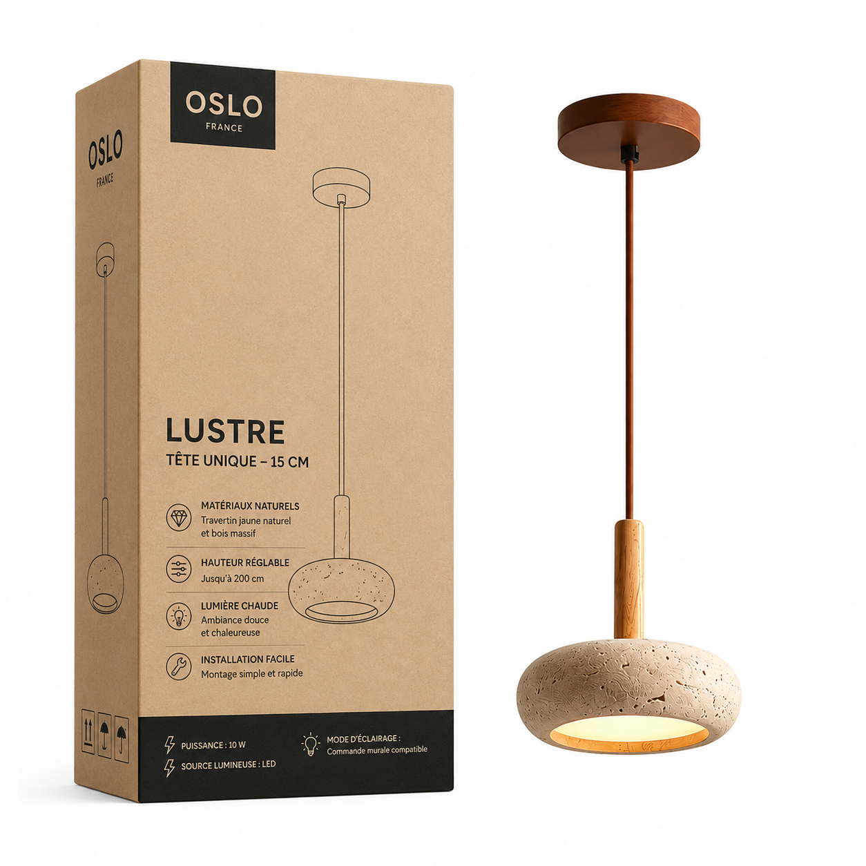 Suspension Design Travertin et Bois – Éclairage à LED
