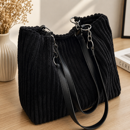 Sac Femme en Velours – Sac Cabas à Bandoulière avec Chaîne et Anses Longues-vêtement-Noir-Oslo France