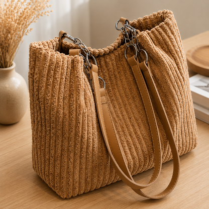Sac Femme en Velours – Sac Cabas à Bandoulière avec Chaîne et Anses Longues-vêtement-Kaki-Oslo France