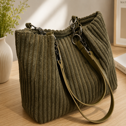Sac Femme en Velours – Sac Cabas à Bandoulière avec Chaîne et Anses Longues-vêtement-Vert-Oslo France