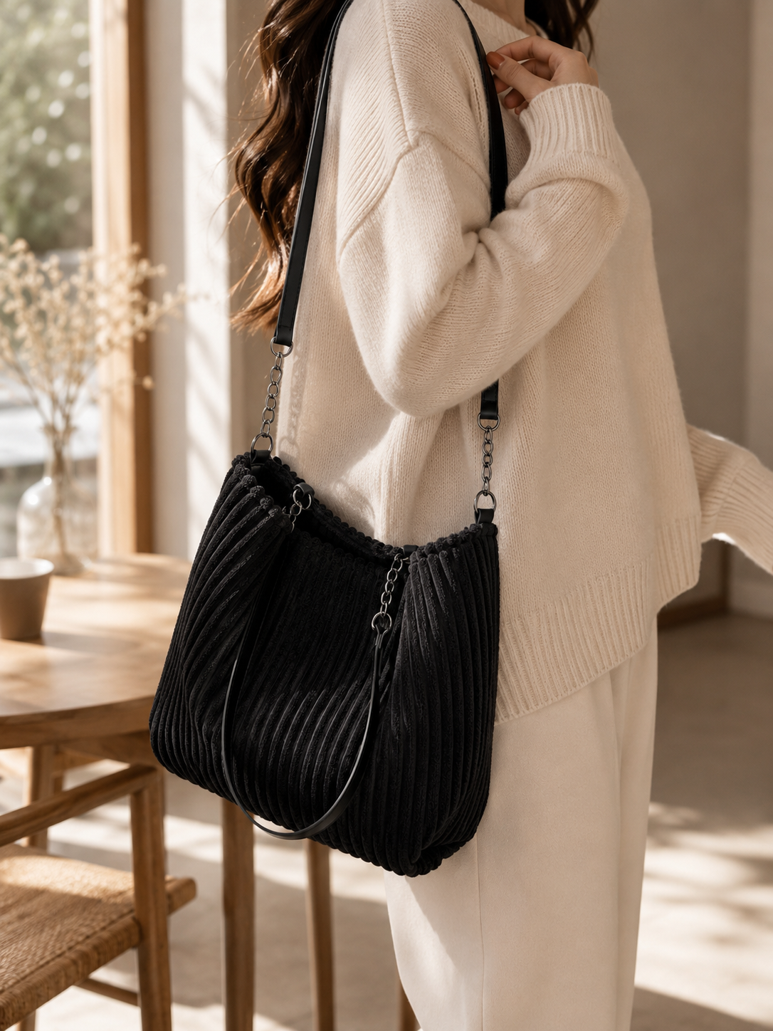 Sac Femme en Velours – Sac Cabas à Bandoulière avec Chaîne et Anses Longues-vêtement-Oslo France