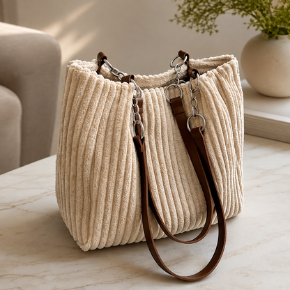 Sac Femme en Velours – Sac Cabas à Bandoulière avec Chaîne et Anses Longues-vêtement-Beige-Oslo France