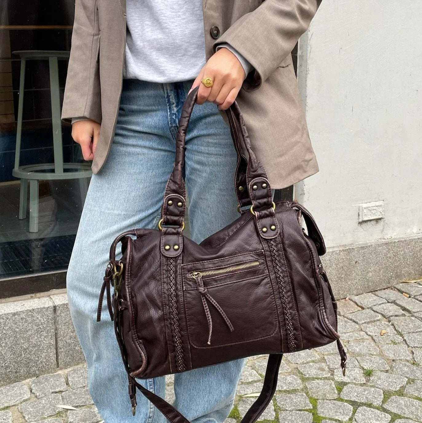 Sac à Main Femme en Cuir – Sac Bandoulière Cabas Vintage avec Poches-vêtement-Oslo France