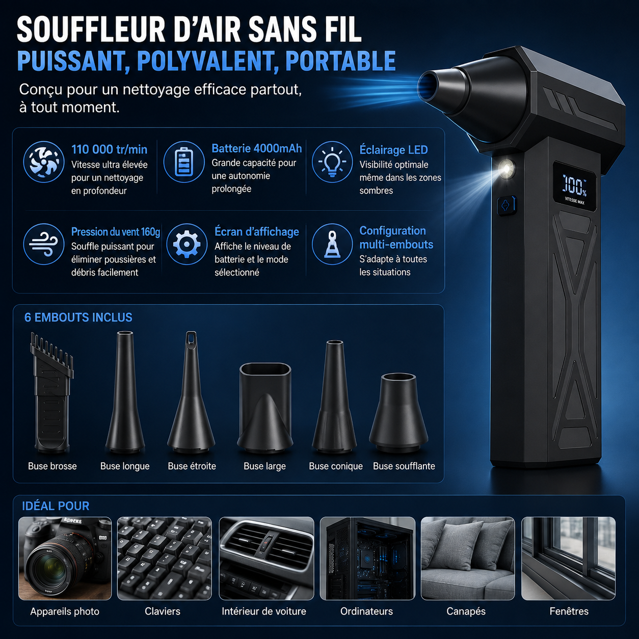 Souffleur d'Air Sans Fil Rechargeable – Aspirateur Portable Multifonction avec Embouts-accessoires-Oslo France