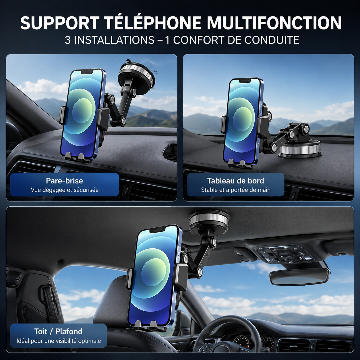 Support Téléphone Voiture Tableau de Bord – Bras Articulé Réglable, Rotation 360°-accessoires-Oslo France