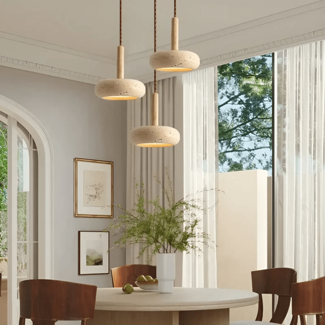 Suspension Design Travertin et Bois – Luminaire Plafonnier LED Moderne pour Cuisine, Salle à Manger, Salon et Chambre | Lampe Plafond Naturelle-lumière-Oslo France