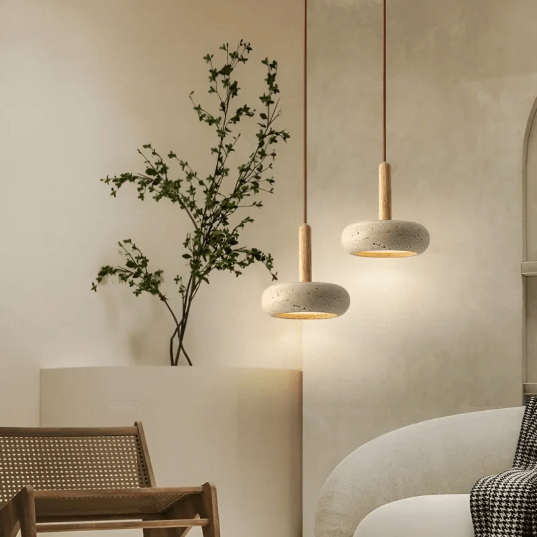 Suspension Design Travertin et Bois – Luminaire Plafonnier LED Moderne pour Cuisine, Salle à Manger, Salon et Chambre | Lampe Plafond Naturelle-lumière-Oslo France