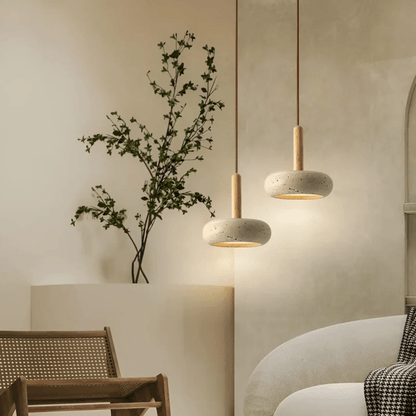 Suspension Design Travertin et Bois – Luminaire Plafonnier LED Moderne pour Cuisine, Salle à Manger, Salon et Chambre | Lampe Plafond Naturelle-lumière-Oslo France