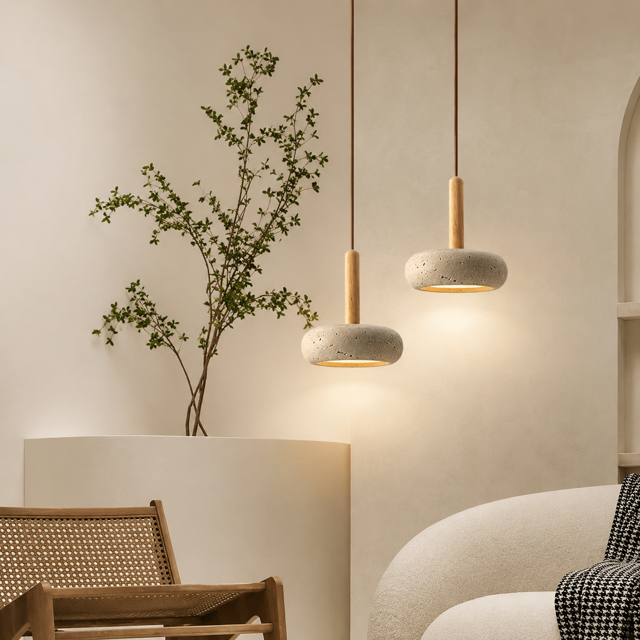 Suspension Design Travertin et Bois – Éclairage à LED