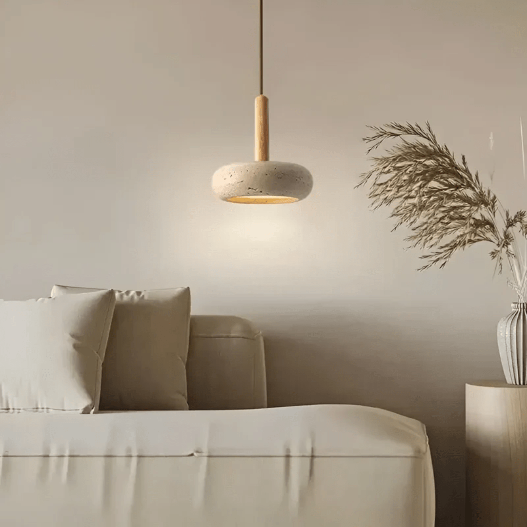 Suspension Design Travertin et Bois – Luminaire Plafonnier LED Moderne pour Cuisine, Salle à Manger, Salon et Chambre | Lampe Plafond Naturelle-lumière-Oslo France
