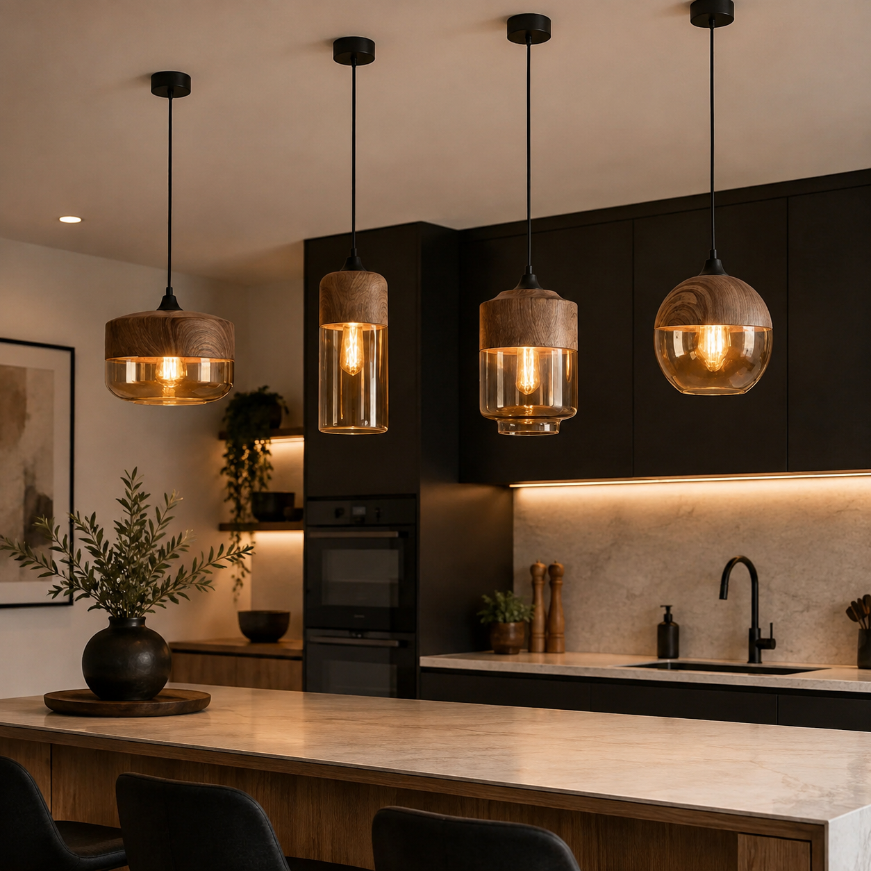 Suspension Luminaire Bois et Verre Ambré – Lampe Suspendue Design Scandinave-lumière-Oslo France
