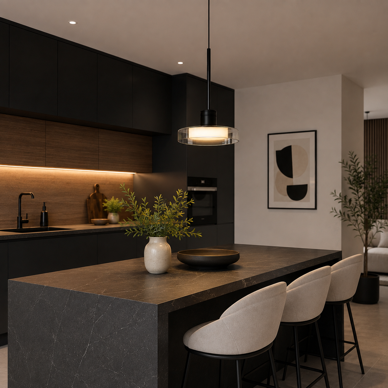 Suspension 3 Lampes Verre Noir — Luminaire Îlot de Cuisine