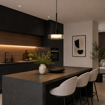 Suspension 3 Lampes Verre Noir — Luminaire Îlot de Cuisine