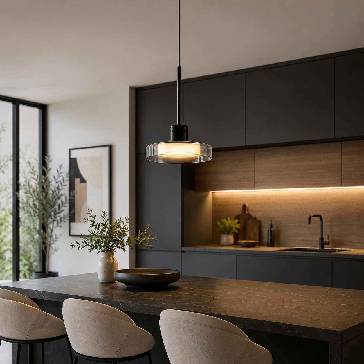 Suspension 3 Lampes Verre Noir — Luminaire Îlot de Cuisine